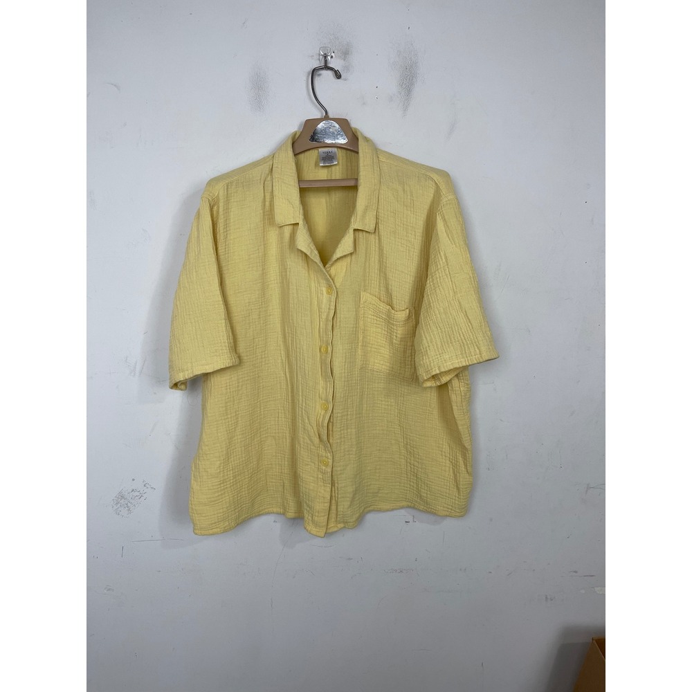 Serra Womens XL Yellow Double Gauze Cotton Short Sleeve Button Down Shirt Top